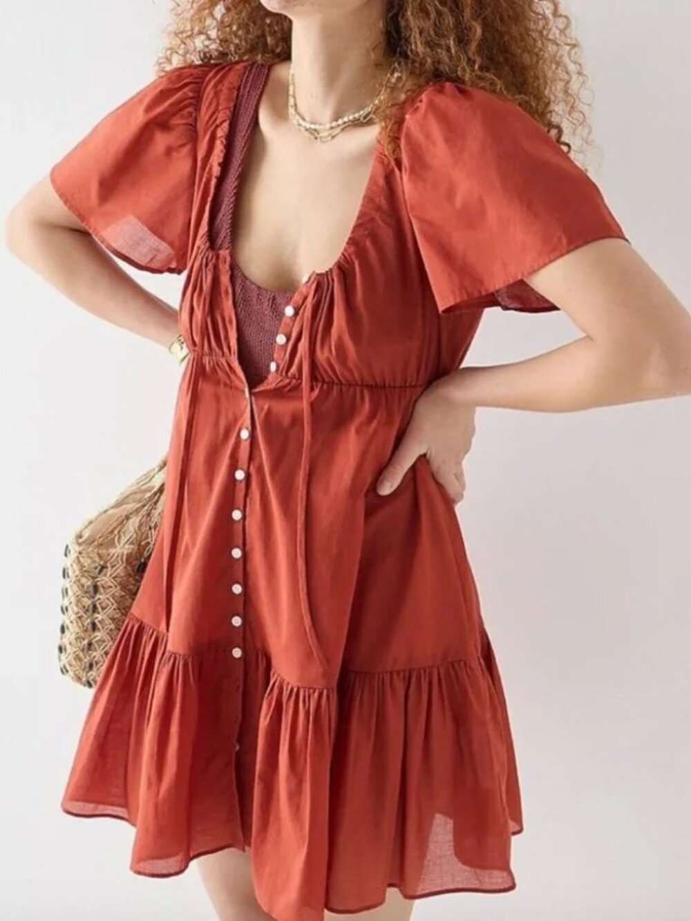 J.CREW Cotton Voile Tiered Button Down Dress, Coverup, Burnt Orange Rust Red — S